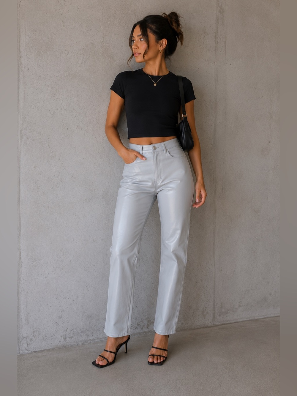 OAK + FORT Vegan Leather Straight Leg Pants Size 8 Grey